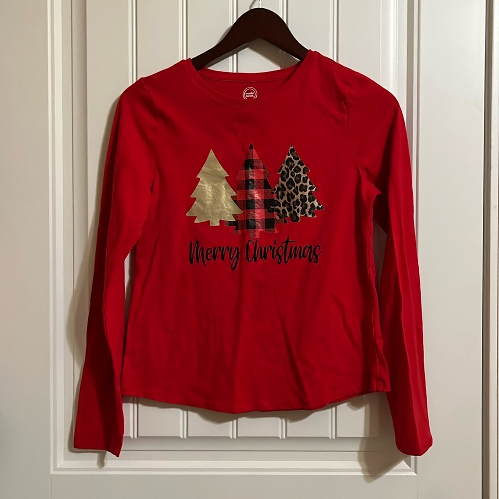 Girls Merry Christmas Trees Design on Red Wonder Nation Shirt